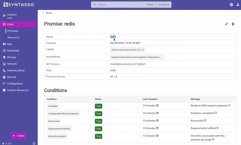 Screenshot of the SKE GUI showing the redis Promise, details about the Promise and its Conditions