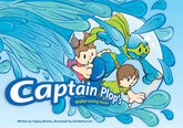 Captain Plop's water-saving mission cover. Captain Plop and two children inside a bubble as it is pushed along by a rush of running water.