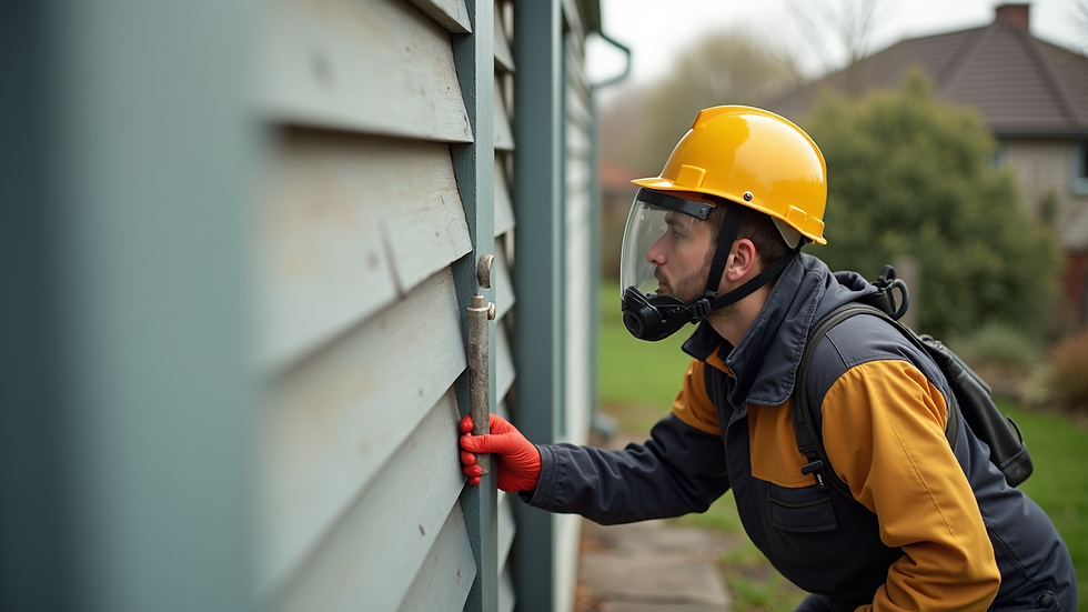 Eye-level view of a pest control technician inspecting a home exterior