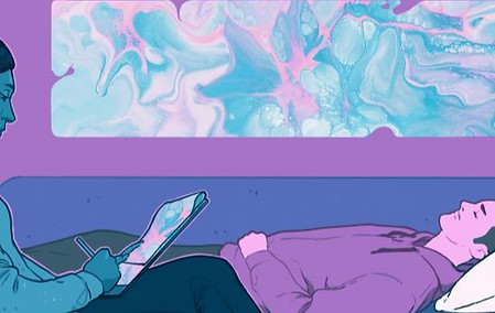 Illustration of a person laying on a deep purple couch with a therapist or guide. The walls are a light purple and a tie dye marbled art piece on the wall that looks psychadelic