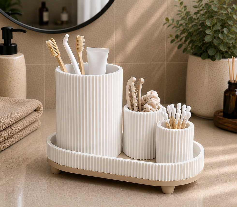 Thumbnail: Badkamer Organizer Set – Tandenborstelhouder, Wattenstaafhouder & Opbergbakje