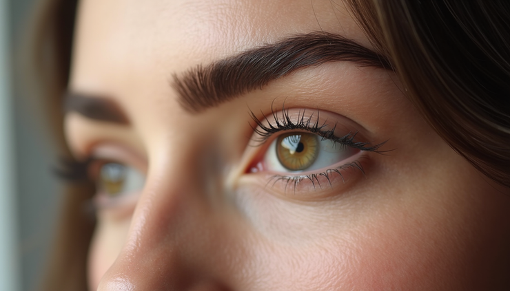 Close-up view of freshly treated semi permanent powder brows on skin
