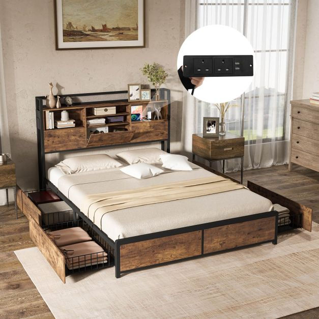 Thumbnail: Queen/King Size Bed Frame with Bookcase Headboard and 4 Storage Drawers