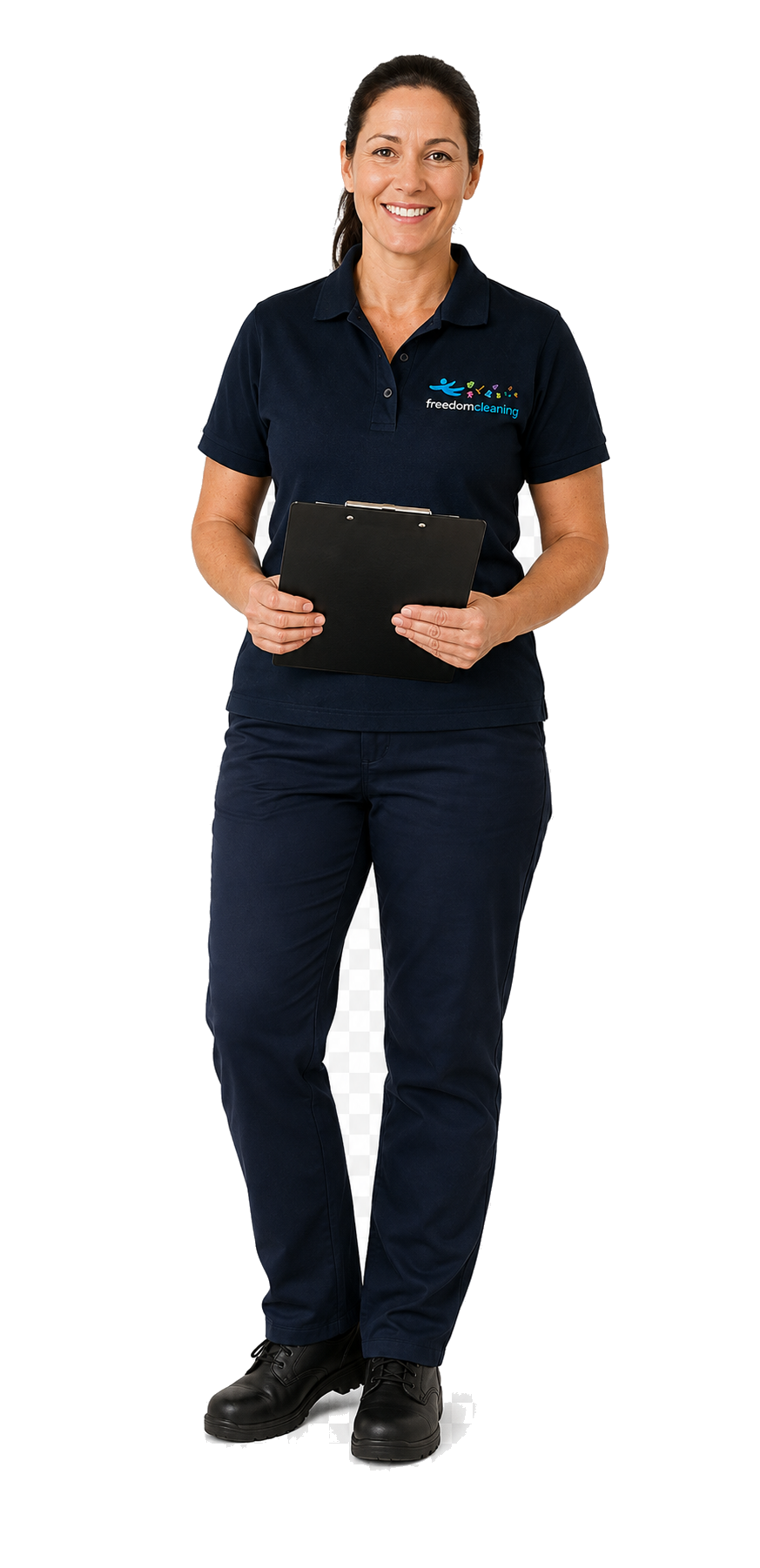 Freedom Cleaning employee in a navy uniform holding a clipboard.