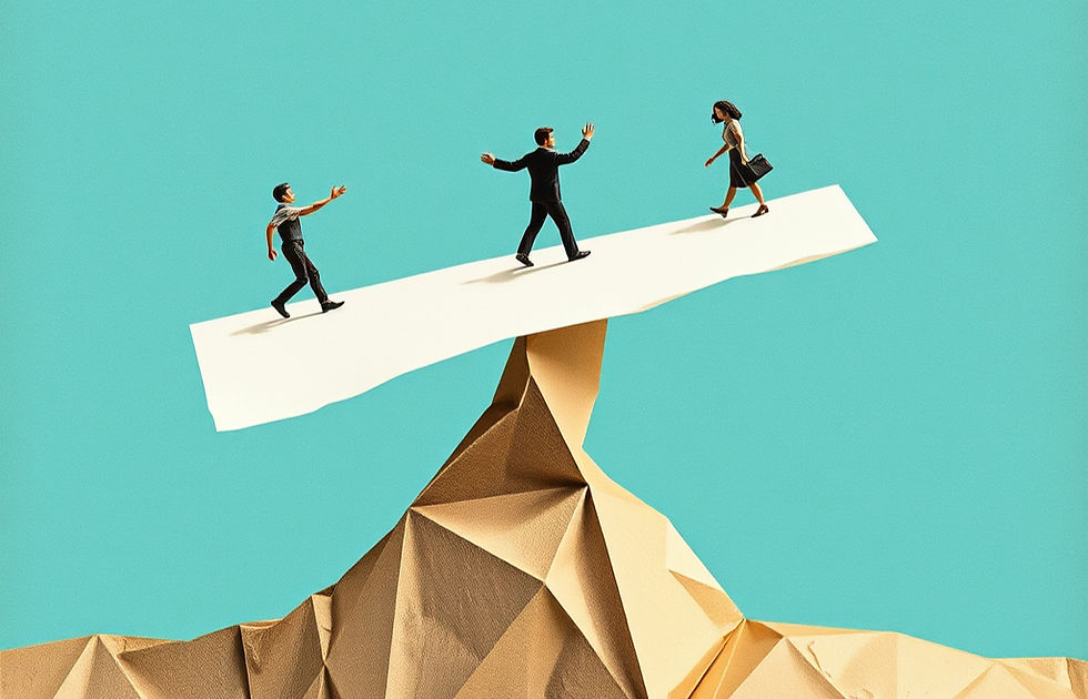 Running small business is a balancing act. Three small figures balancing on a piece of paper