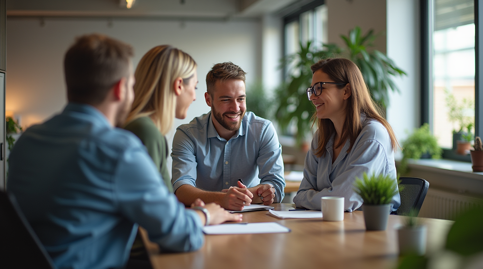 Eye-level view of a small business office with a team collaborating around a table
