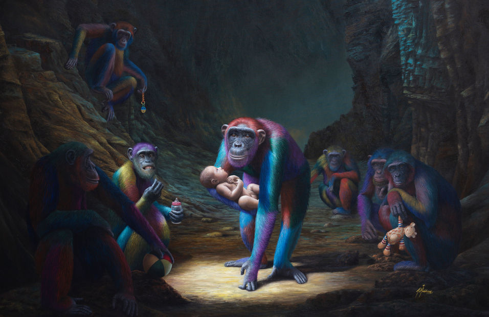 pintura al oleo, mono con bebé, monos de colores, nacimiento, cueva.