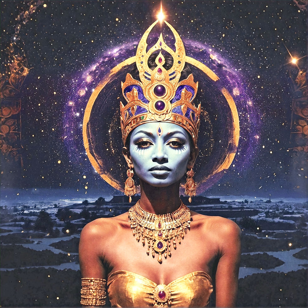 Diosa Cosmica de Ruanda rodeada de un cielo estrellado