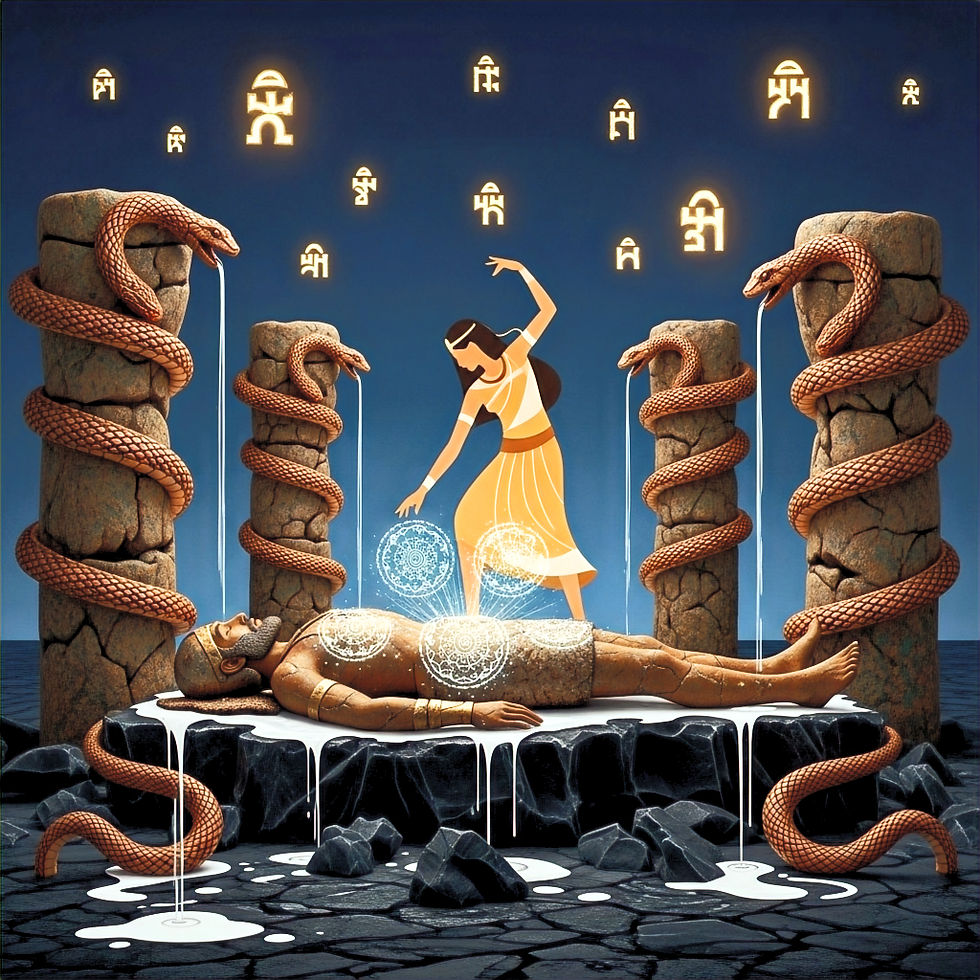 "En el Templo de Ishtar en Babilonia, la Quedishtu trazaba mandalas con fluidos corporales sobre el vientre del guerrero: cada espiral limpiaba su aura manchada por la guerra"