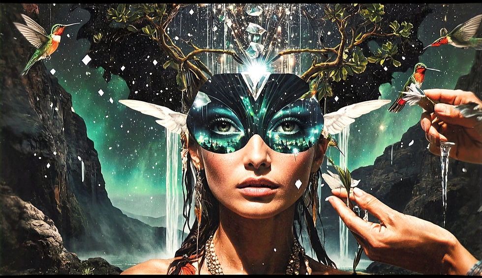 ilustración de selva rodeada de colibríes rostro de diosa enmascarada con cristales que fluyen desde su corona