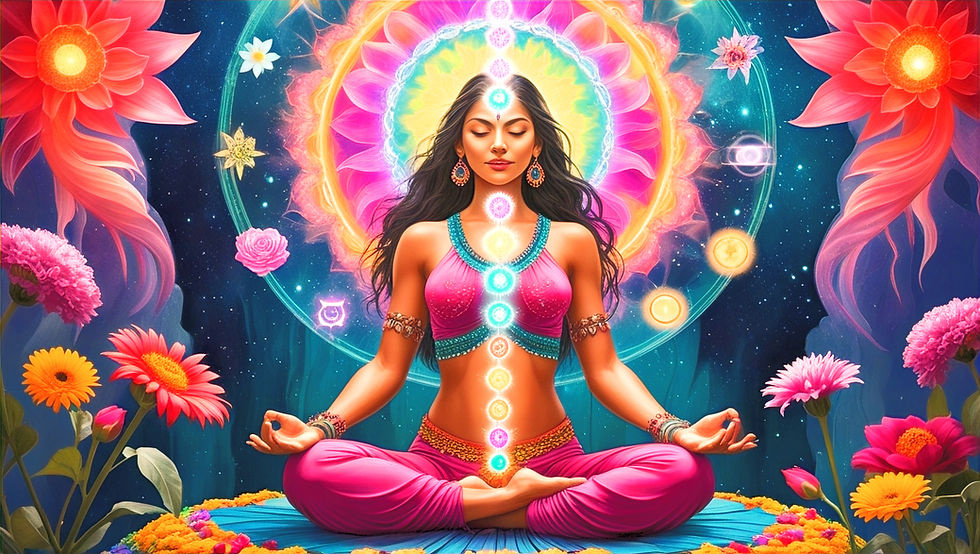 imagen de mujer en loto con los signos de los chakras