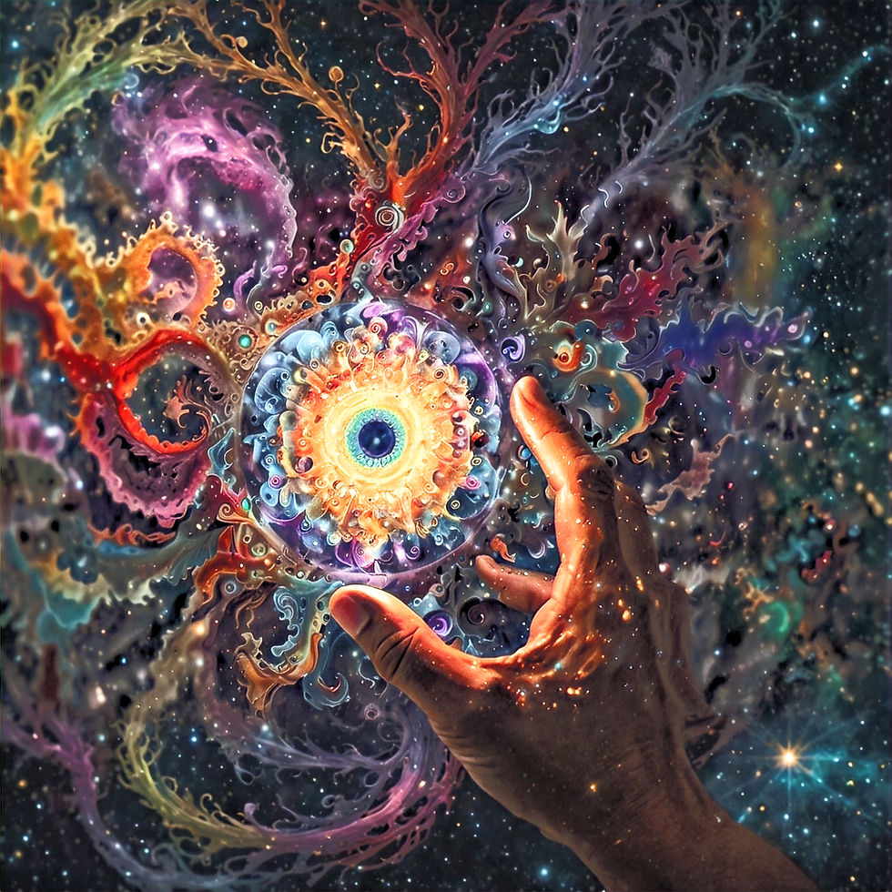 Una mano flotando en el cosmos con galaxias y un ojo portal