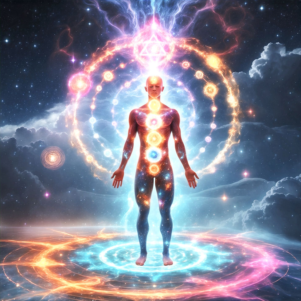 Anatomia energetica del cuerpo imagen con fondo del cosmos y chakras en su cuerpo