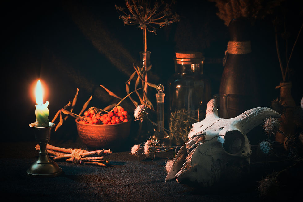 Samhain night. Witchs altar with goats skull, burning candle, dry herbs and magic vessels