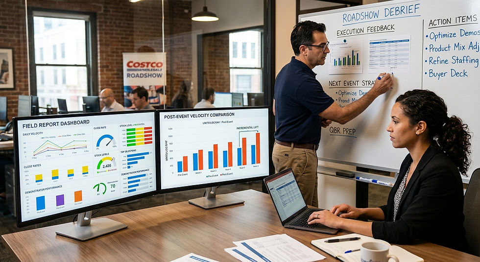 Costco roadshow reporting analytics CPG brand 2026 how to measure what happened why it happened what to do next close rate vs traffic 6-metric field report CMO vs field view post-event velocity analysis buyer QBR data package