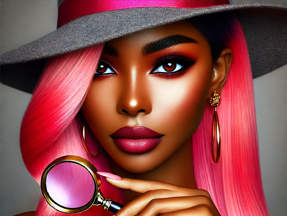 Reina's Search! Logo Come to Life in AI - A black woman wearing a grey detective's hat with a pink ribbon sash