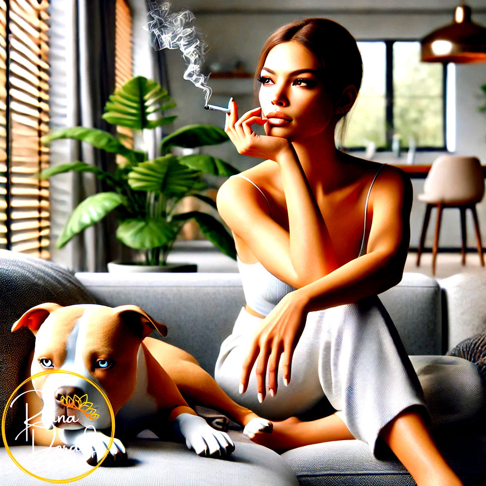 a woman sitting on her sofa looking out of her window, she is smoking a joint and contemplating God in her life. Her Pitbull dog is lying next to her.
