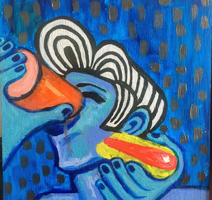 Person enjoying hot dog and soda; vibrant painting