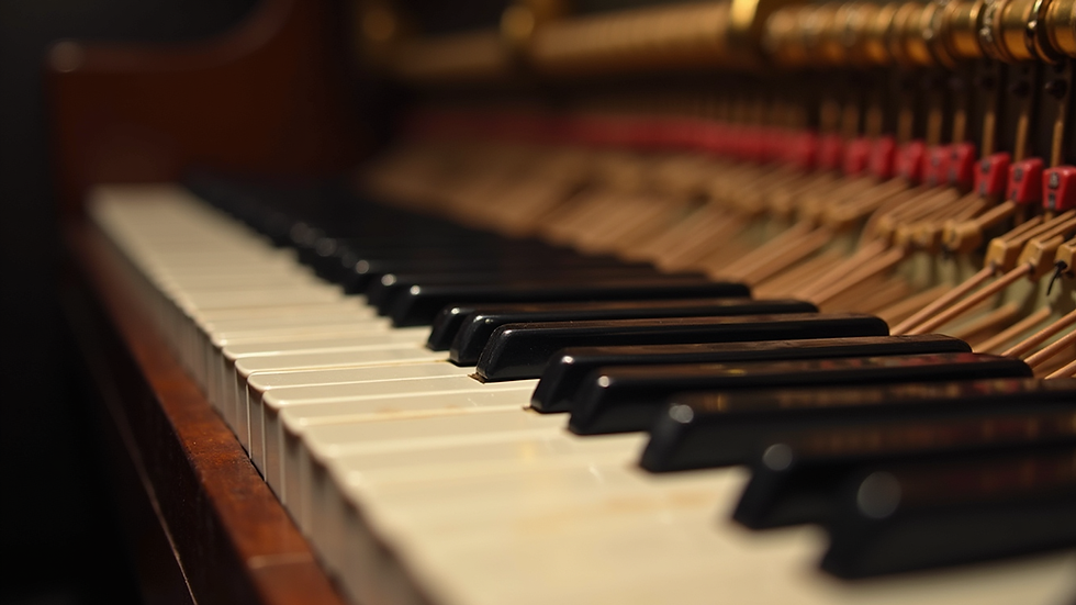 Close-up view of piano strings and tuning pins inside a piano