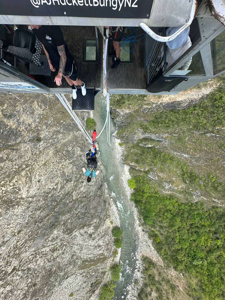 Jumping Off The Nevis Bungy, Queenstown A bird's eye view shot of me bungee jumping from a suspended platform above the Kawarau Falls on the Nevis Bungy in Queenstown, New Zealand