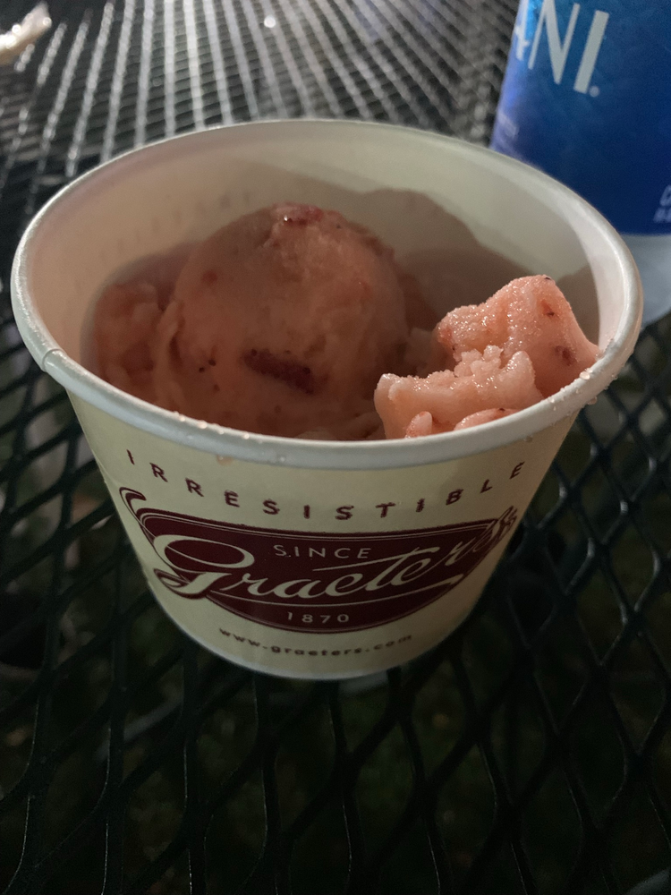 Strawberry sorbet from Graeter's on an outdoor table