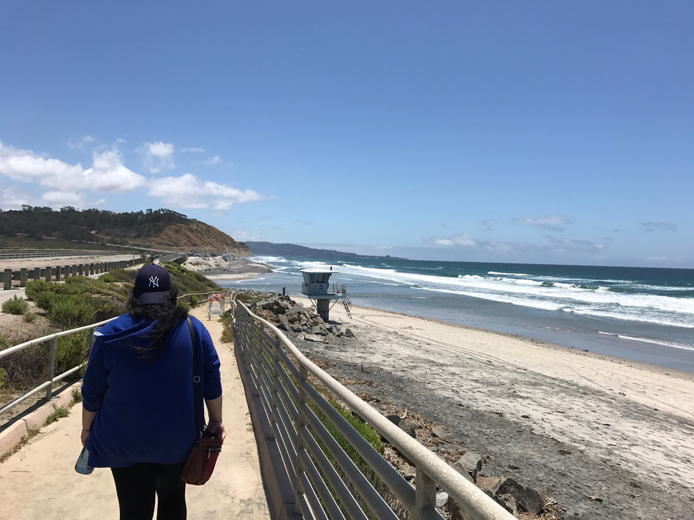 Namrita walking down a path toward Torrey Pines Natural State Reserve
