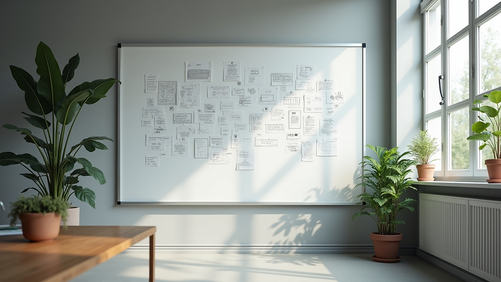 Eye-level view of a modern workspace with a large whiteboard filled with ideas