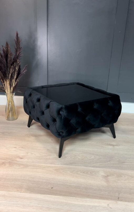 Thumbnail: Velvet coffee table upholstered chesterfield- black glass top- black feet