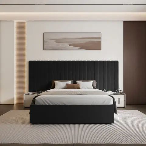 Thumbnail: Black Velvet Wide Panel Fabric Headboard Ottoman Storage Bed