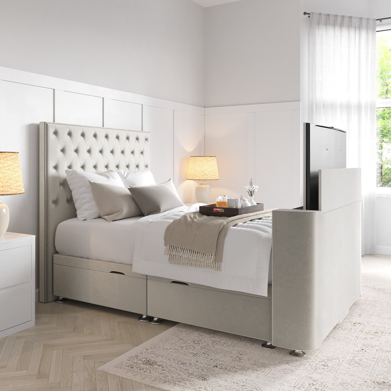 TV Ottoman storage bed with chesterfield headboard