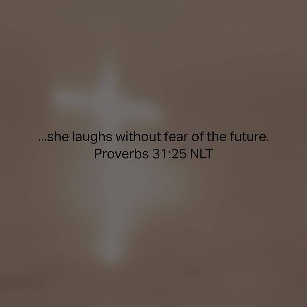 Proverbs 31:25 verse text in black over a cross background