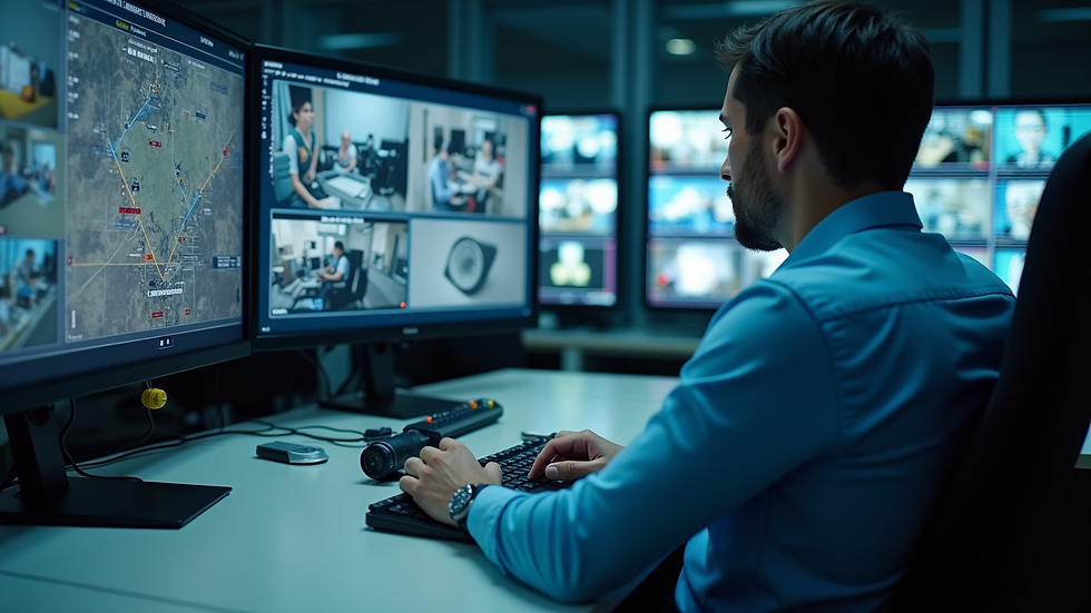 Eye-level view of a security control room with multiple surveillance monitors