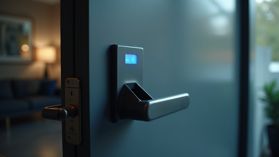 Close-up view of a biometric fingerprint scanner on a secure door