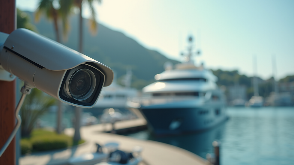 Close-up view of security camera monitoring a yacht dock