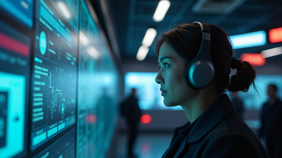 Eye-level view of a security professional monitoring surveillance equipment