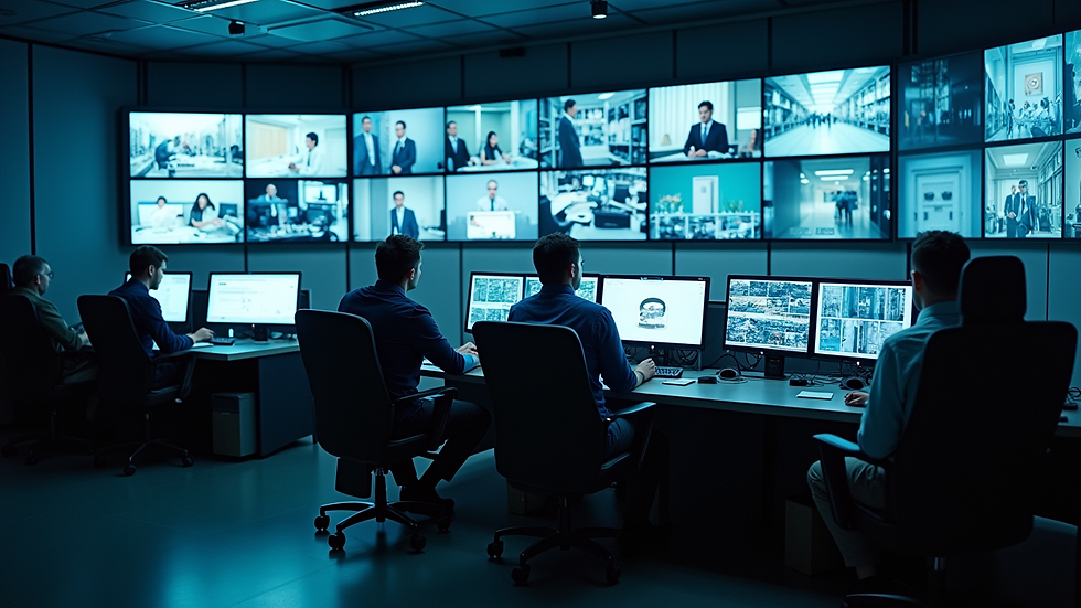 High angle view of a security control room with multiple surveillance monitors
