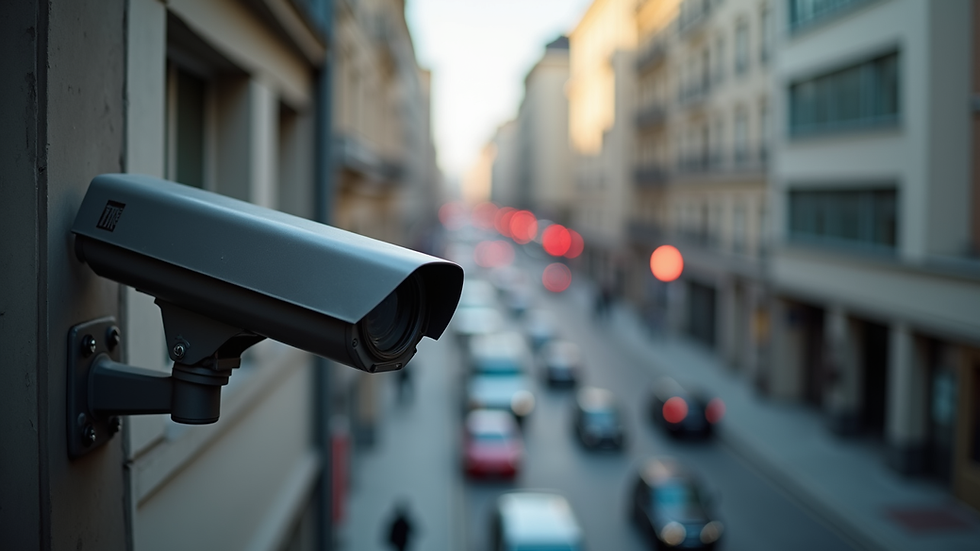 High angle view of urban security camera overlooking a city street