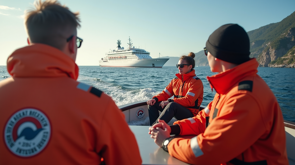 High angle view of a training session with maritime safety instructors and yacht crew