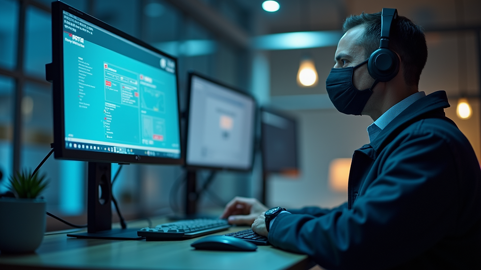 Eye-level view of a security professional monitoring surveillance equipment