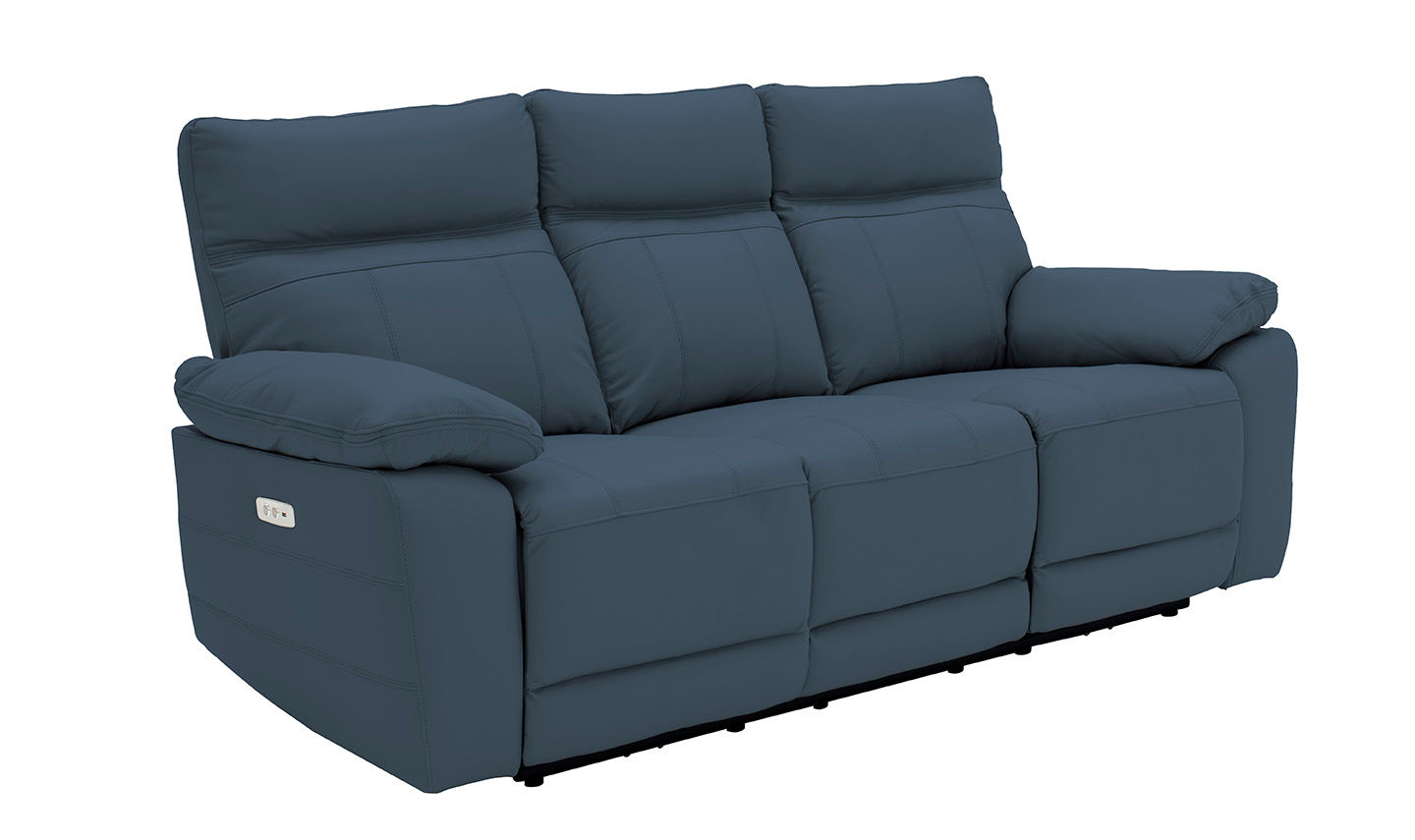 Electric Reclining Blue Leather 3 Seater Sofa with USB