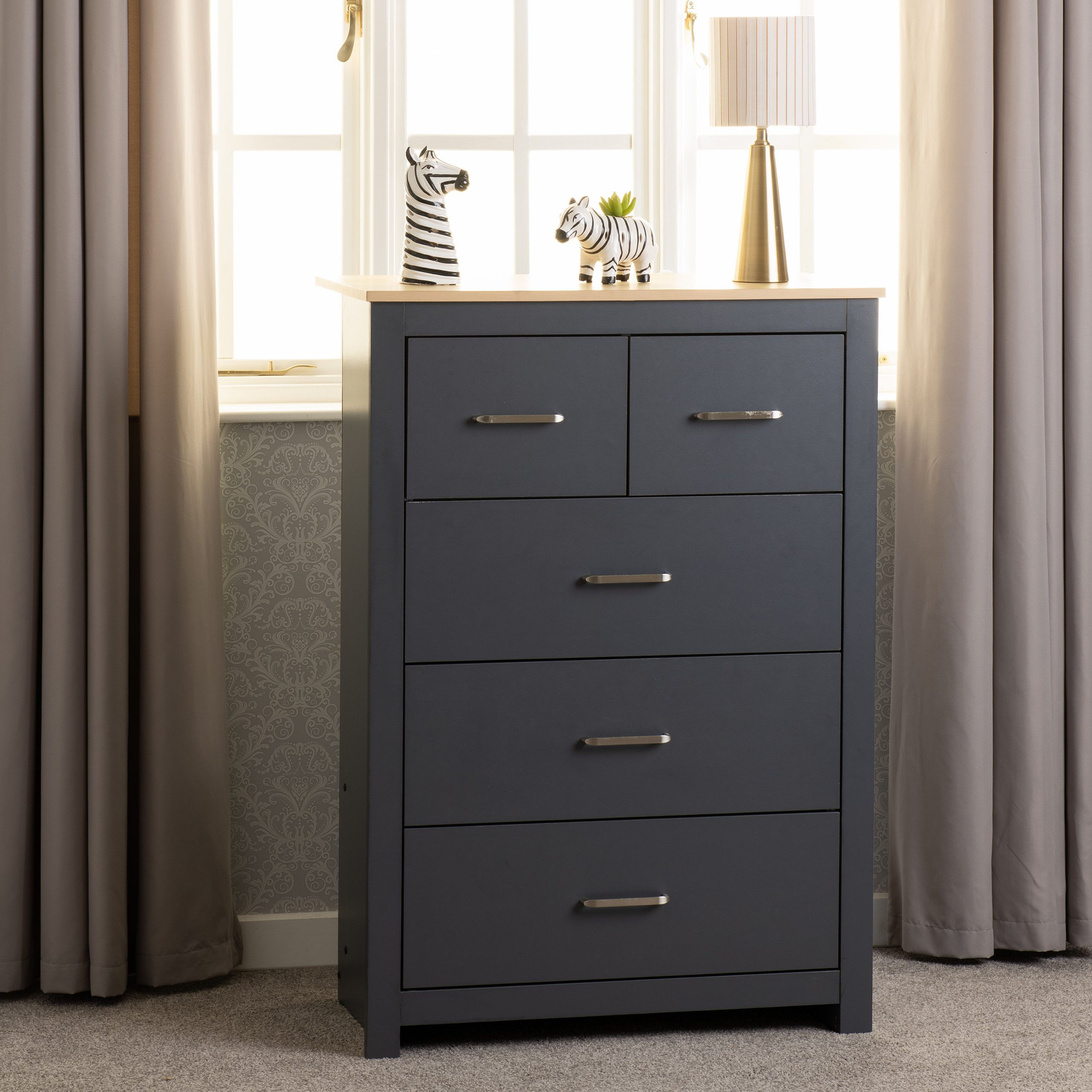 Grey 3+2 Drawer Chest with Oak Top