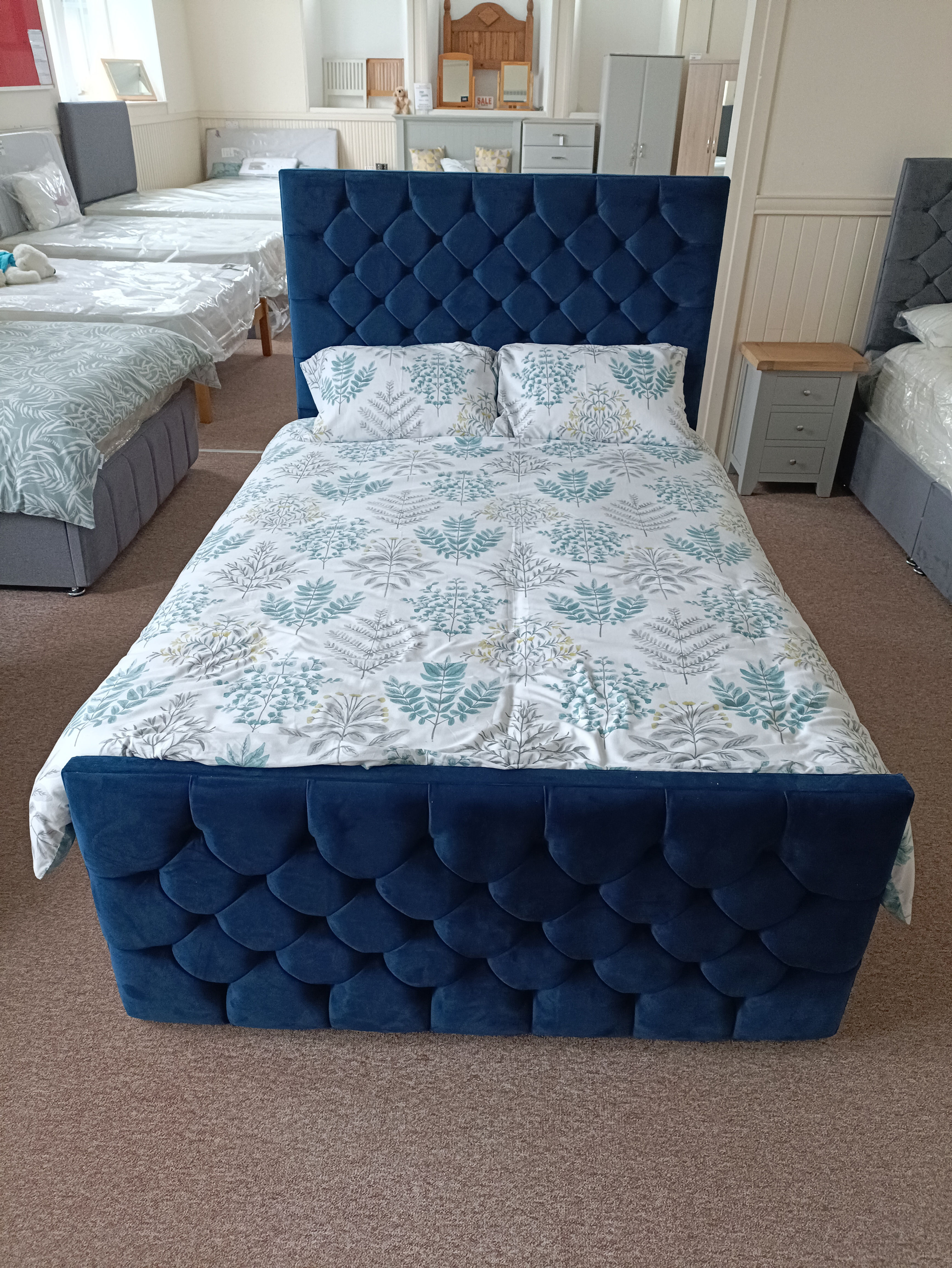 MC Blue Fabric Bed with 54" Floorstanding Headboard & 24" Footboard