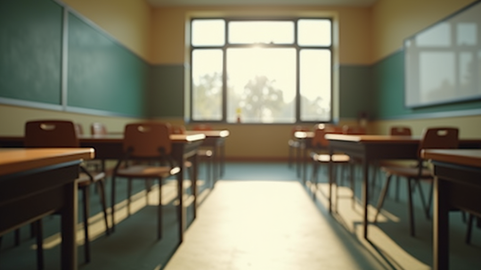 Eye-level view of a peaceful classroom with sunlight streaming through the windows