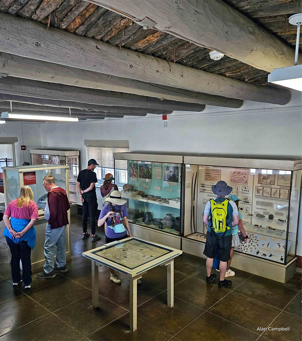 Photo from above showing an outdated museum with old glass cases of displays.