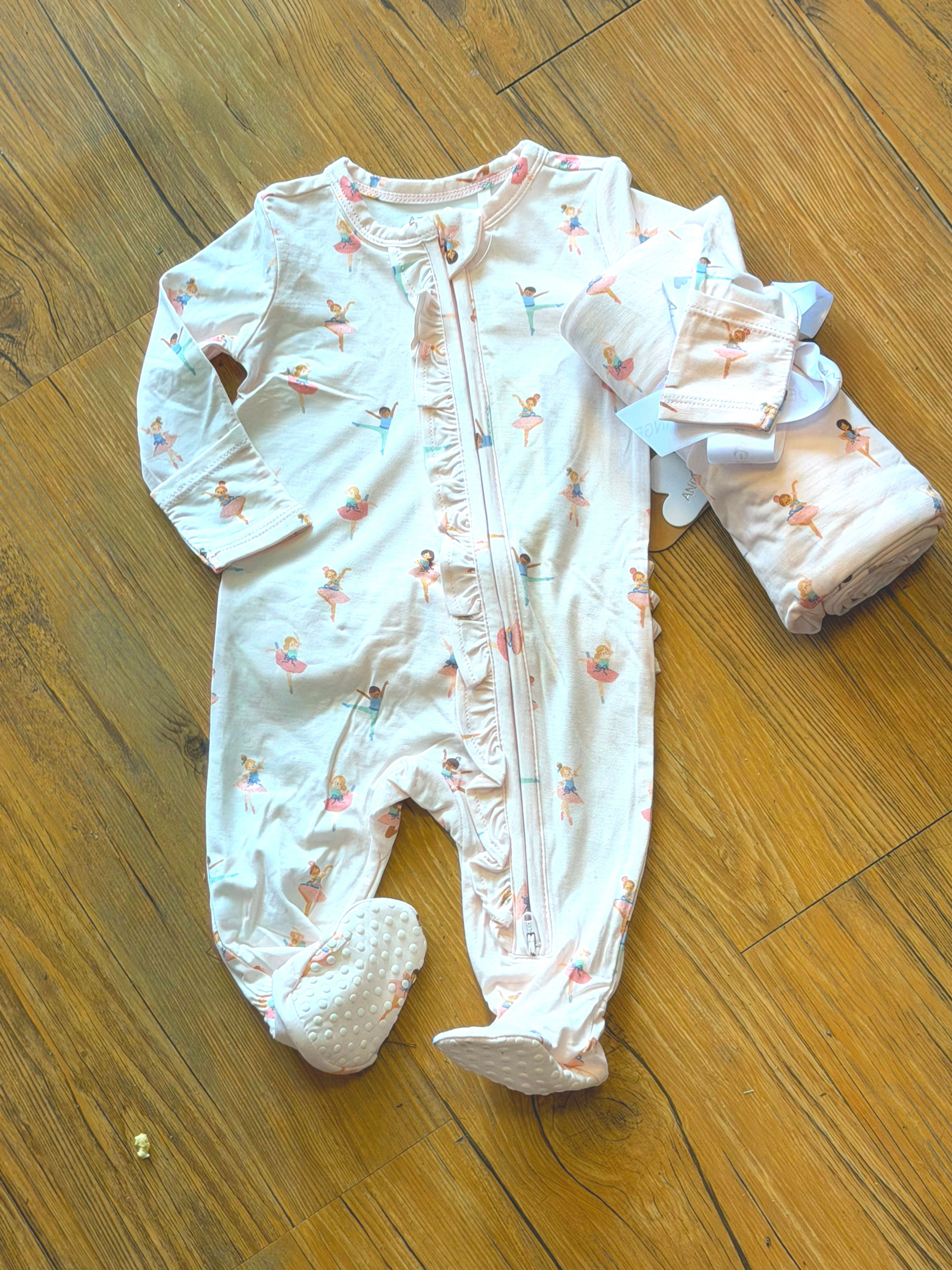 Ballerina dancer print footed zip front romper