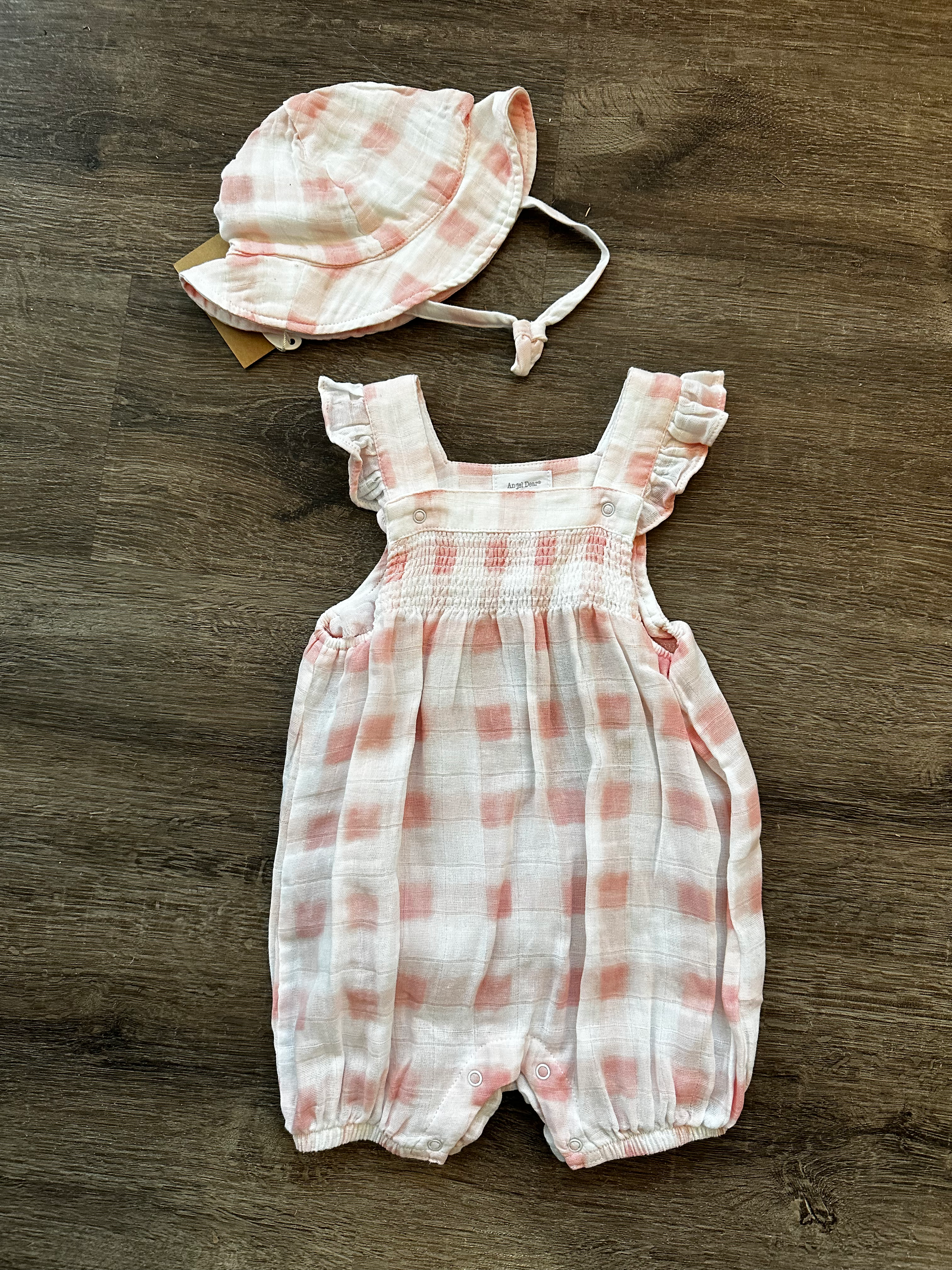 Pink & white checked gauzy sunsuit & hat bubble 