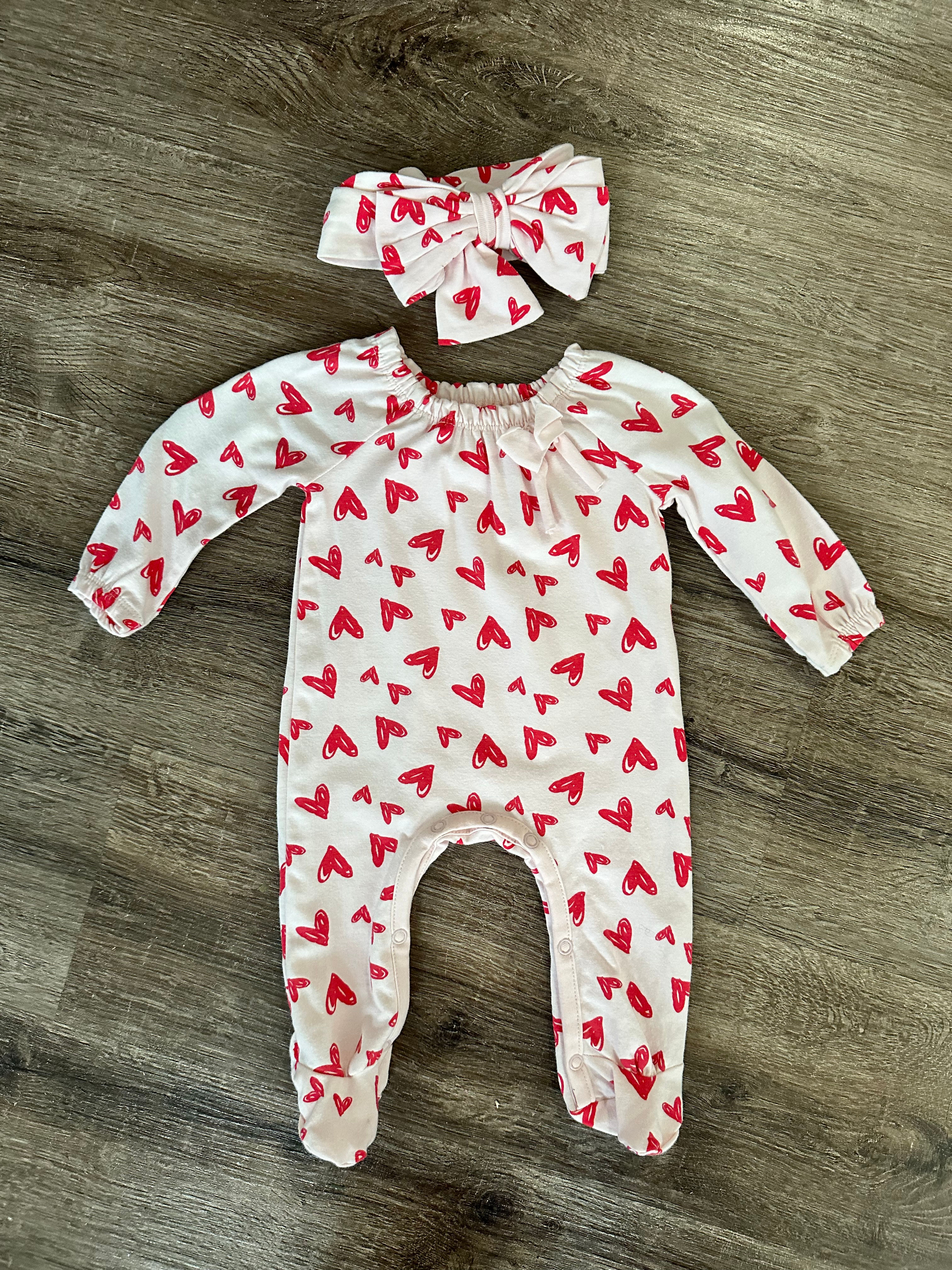 Tiny hearts footed romper & headband 0-3 mo only