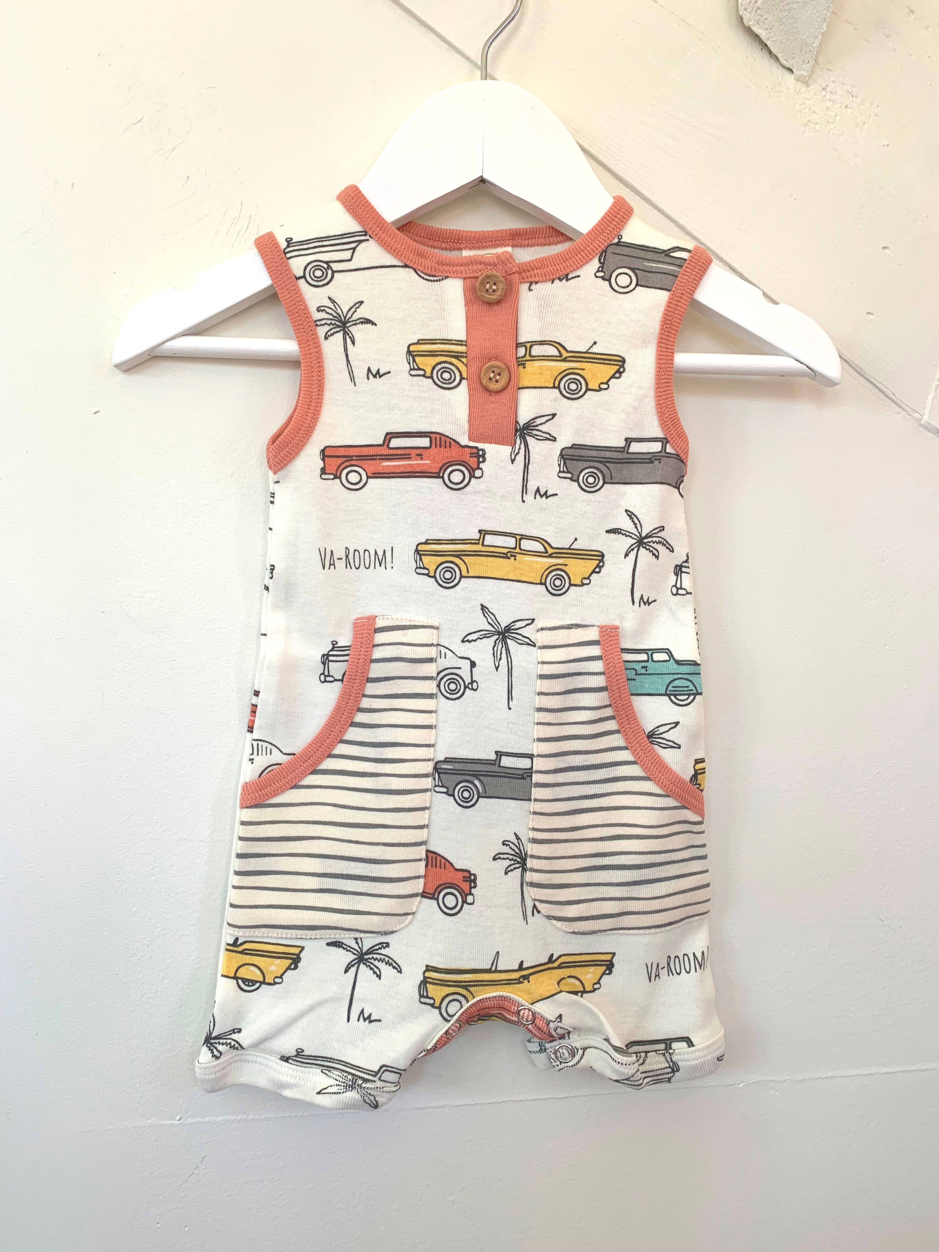 Classic cars sleeveless romper 0/3,3/6,6/12,&12/18 mo