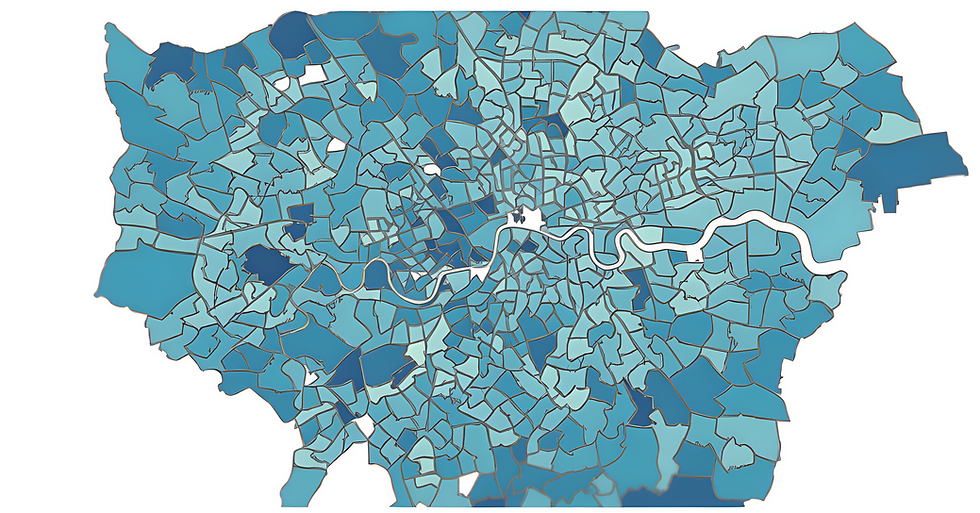 An image of the geographic outline of London divided into ward and colour coded to show different data points