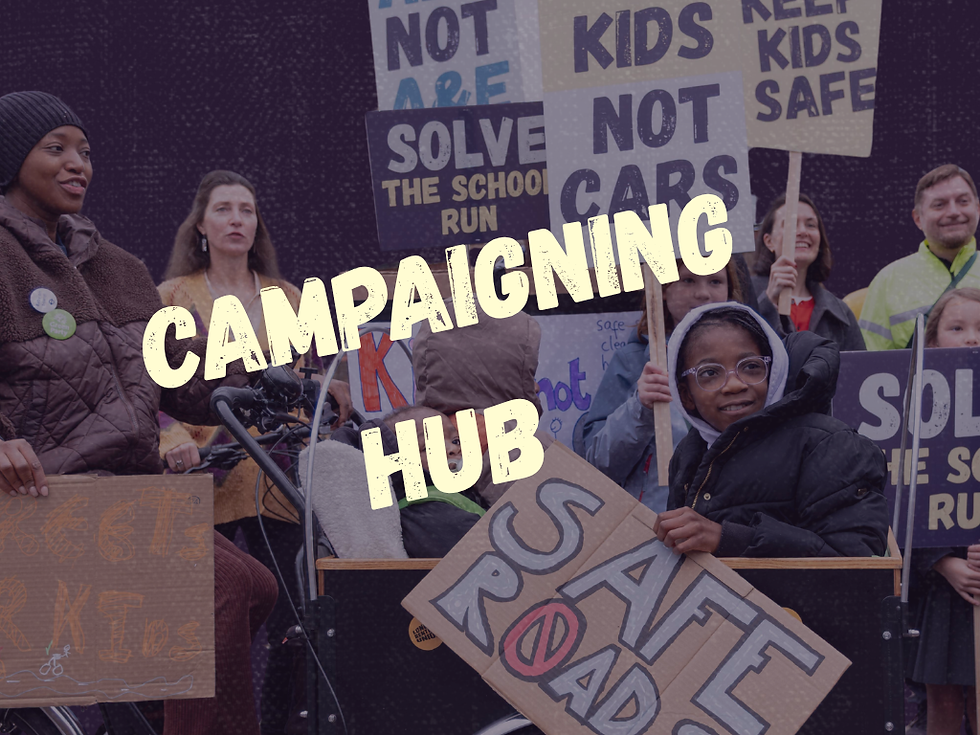 An image of parents protesting on cargo bikes and standing up with signs saying keep kids safe